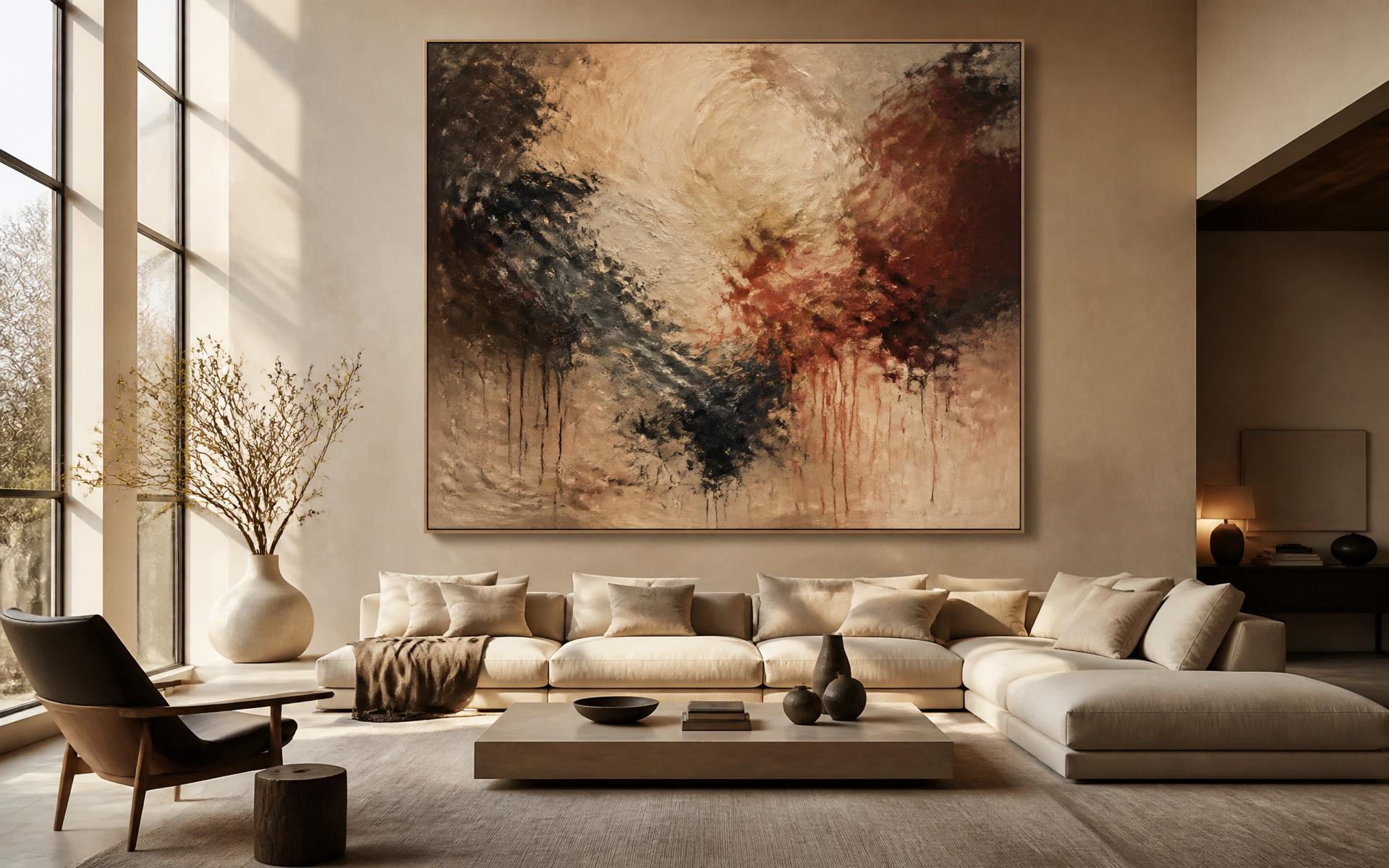 Original oil painting displayed above a linen sofa in a sunlit contemporary living room